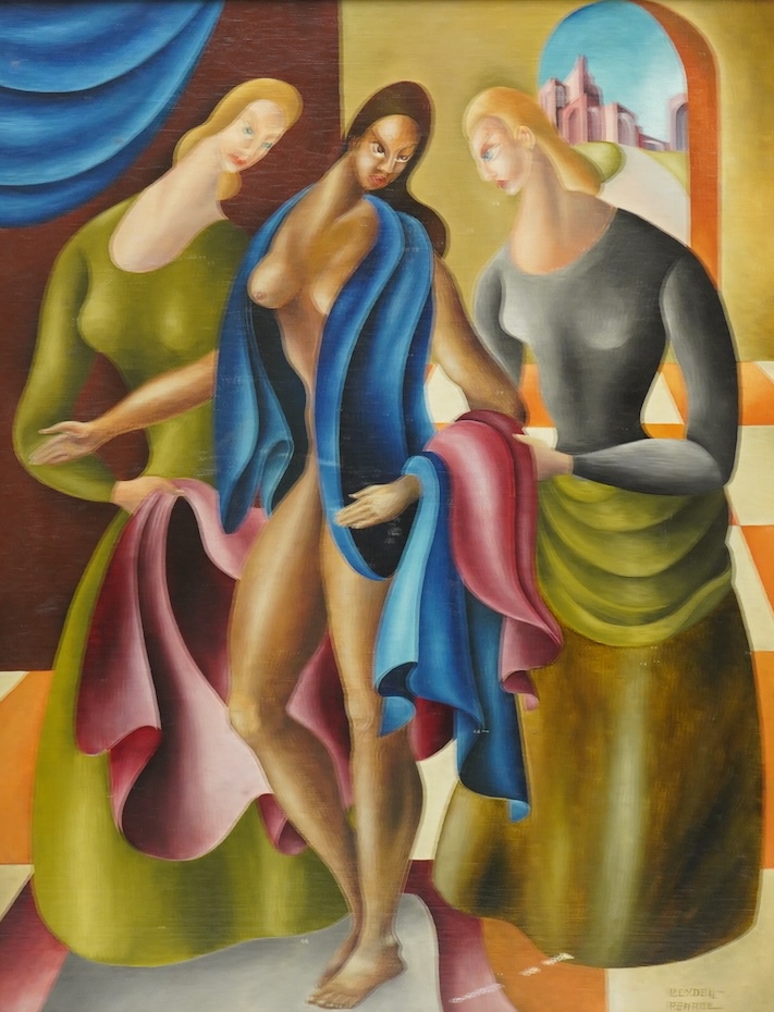 Alfred Pleydell-Pearce (20th. C), Three Graces, signed, cubist oil on board, 57 x 44cm